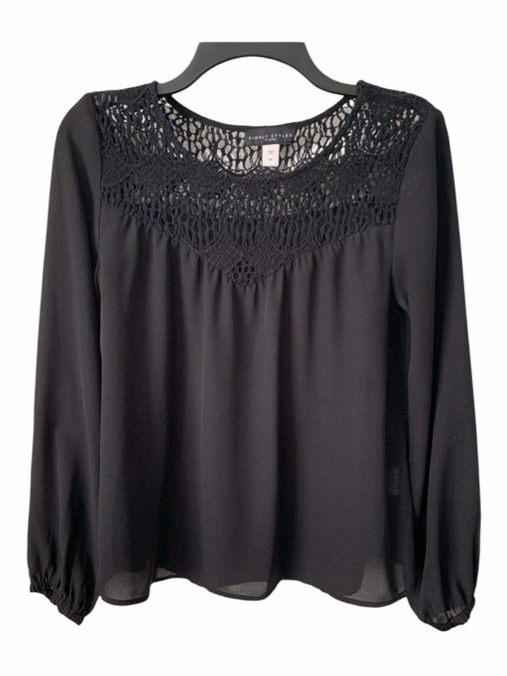 Simply Styled Black Pleated Lace Top Elastic Cuff Blouse Size S Workwear